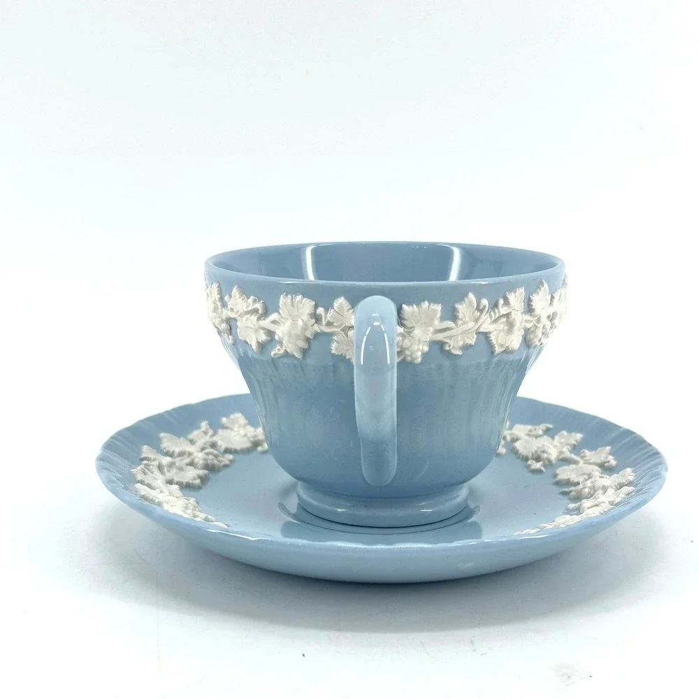 Wedgwood Queensware Cream on Lavender Blue Embossed Grapevine Tea Cup & Saucer